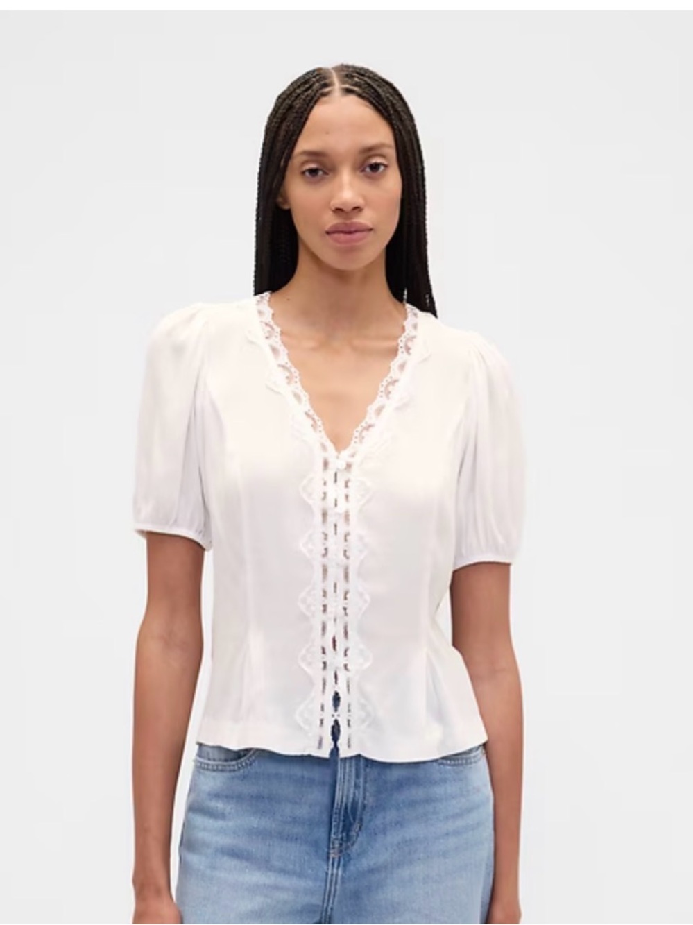 GAP White Lace-Trim Puff Sleeve Blouse
